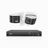 FDH600 - 6MP 8 Kanal PoE Panorama Überwachungskamera-Set mit 1 Bullet Kameras & 1 Turm Kameras, zwei Objektiven, 180° Ultraweitwinkel, f/1.2 Superblende, BSI-Sensor, integriertes Mikrofon, aktive Sirene und Alarm, Personen-und Fahrzeugerkennung